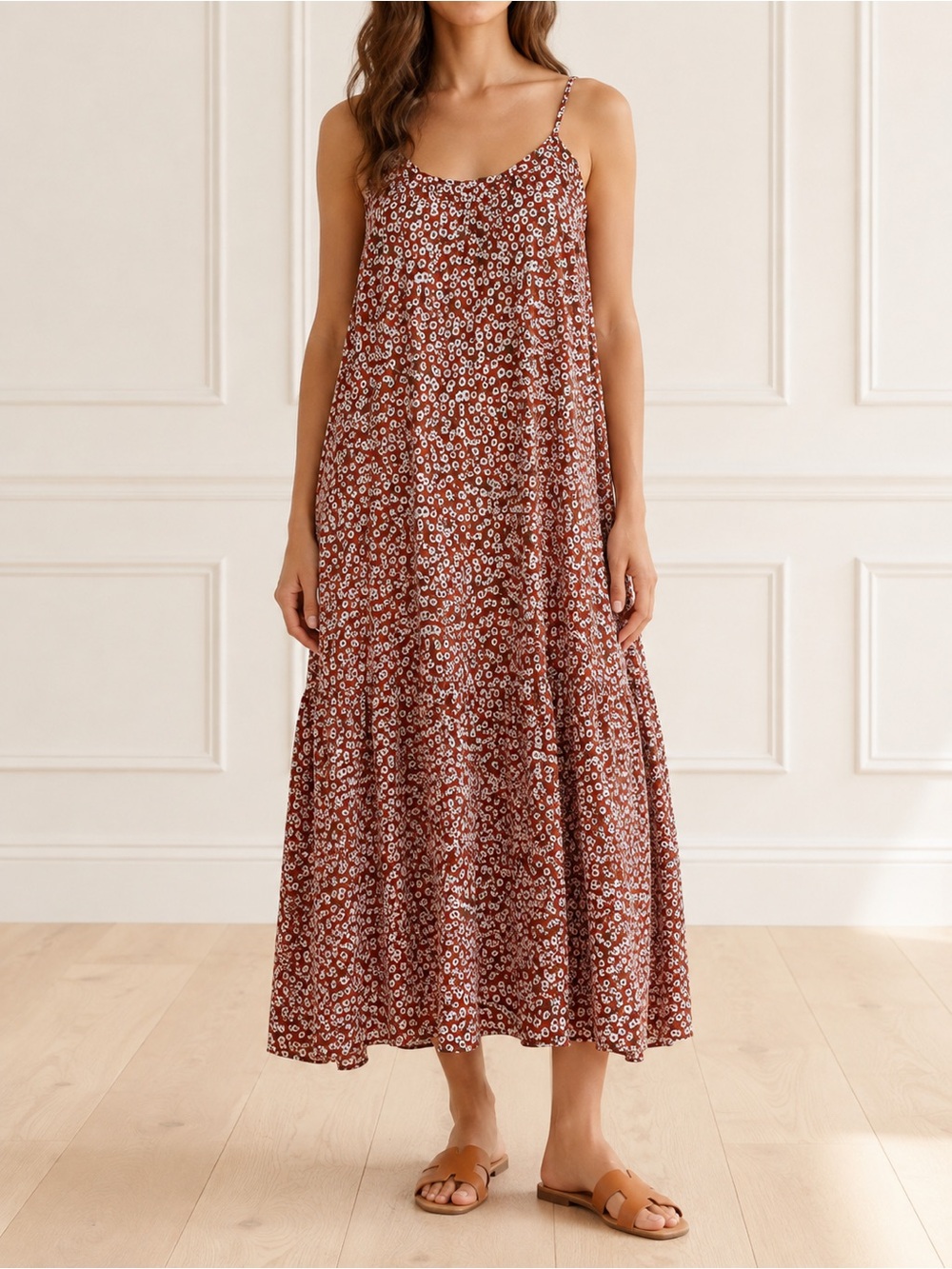 Natural Life Harley Midi Dress Size L/XL Rust Floral Daisy Tiered Boho Pockets